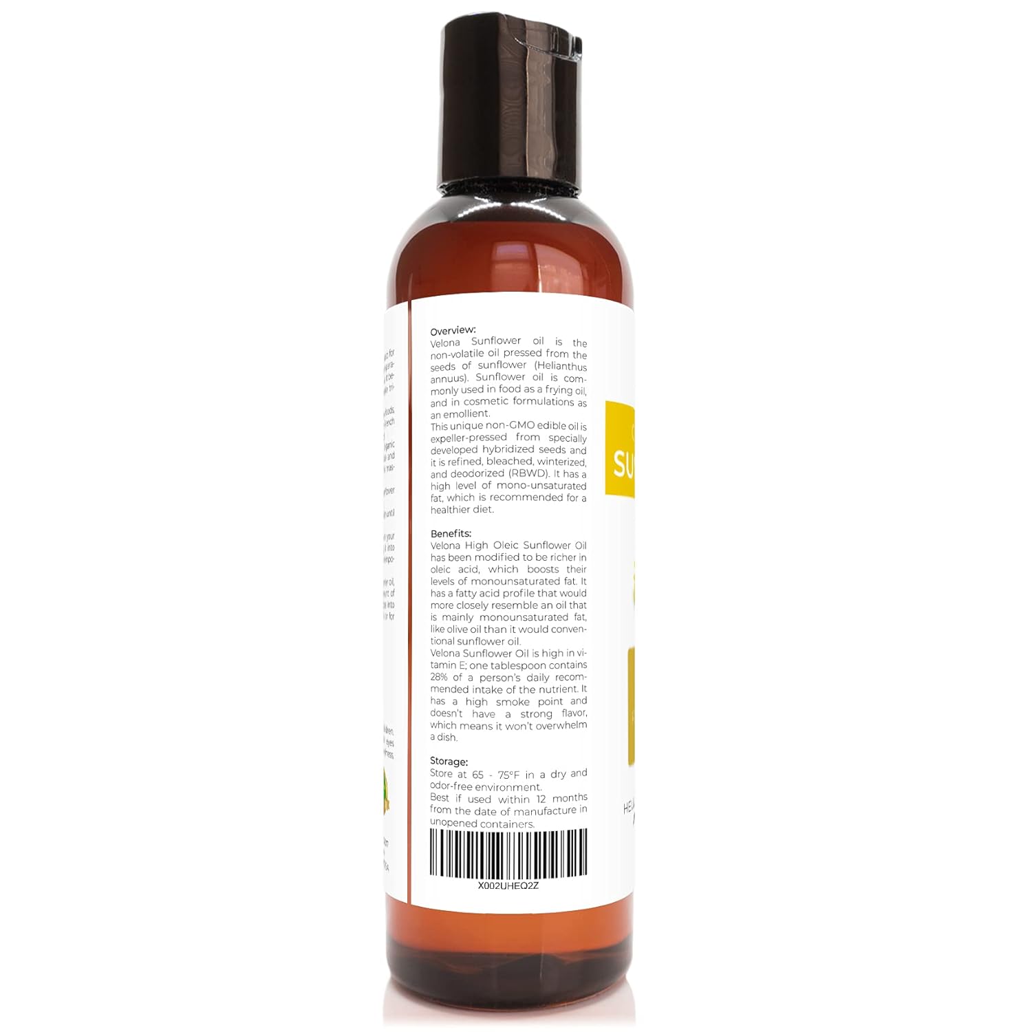 velona USDA Certified Organic Sunflower Oil - 4 oz | 100% Pure and Natural Carrier Oil | High Oleic, Refined, Cold Pressed | Cooking, Skin, Hair, Body & Face Moisturizing : Beauty & Personal Care