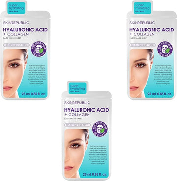 Skin Republic Hyaluronic Acid & Collagen Face Mask, For Younger Looking Skin, Helps With Fine Lines And Wrinkles, Long Lasting Hydration, 25Ml Trio