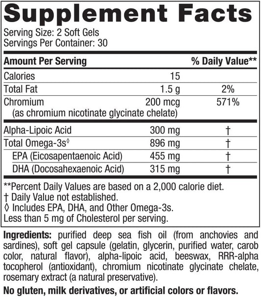 Nordic Naturals Omega Blood Sugar, Lemon - 60 Soft Gels - 896 Mg Omega-3 + Alpha-Lipoic Acid & Chromium - Metabolism - Non-Gmo - 30 Servings