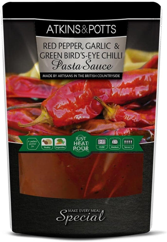Atkins & Potts Red Pepper, Garlic & Green Bird'S-Eye Chilli Pasta Sauce - Make Every Meal Special - Great Taste Award Winners - Suitable For Vegetarians & Vegans - 350G Pouch