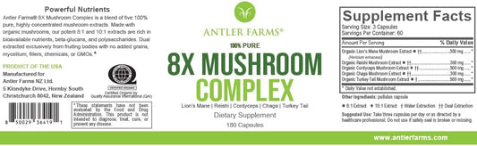 Antler Farms - 100% Pure 8X Mushroom Complex, Equiv. To 12,600Mg - Organic Five Mushroom Blend Of Concentrated 8:1 Extracts - Lion'S Mane, Reishi, Cordyceps, Chaga, Turkey Tail, Fruiting Bodies Only