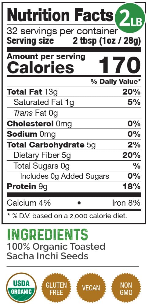 Herbazest Sacha Inchi Seeds (2 Lb) - Usda Certified Organic - Vegan, Non-Gmo & Gluten-Free - Perfect For Snacks, Baked & Non-Baked Goods