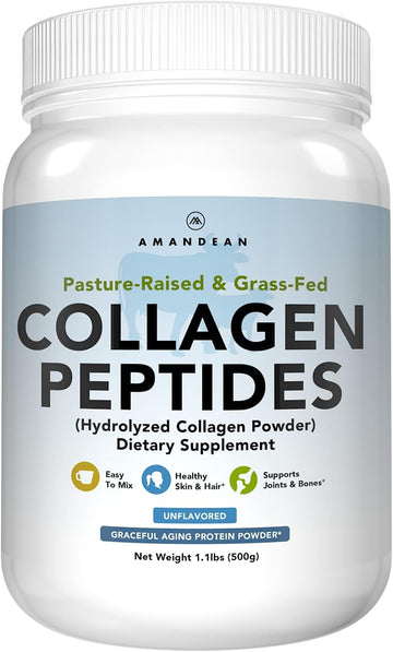 Amandean Collagen Peptides Powder (17.6Oz). Grass-Fed Hydrolyzed Protein Supplement. Promotes Healthy Joints, Skin, Hair, Nails. Unflavored & Easy To Mix