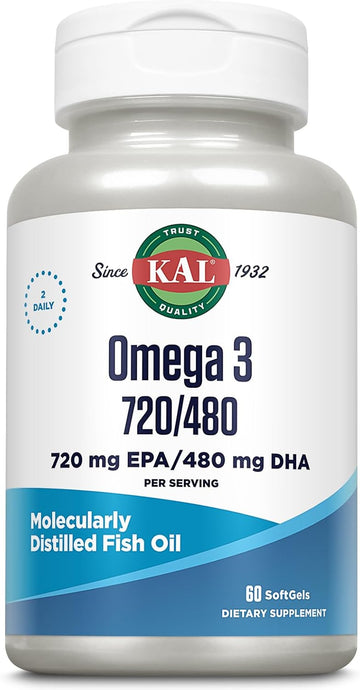 Kal Omega 3 Fish Oil 2,400 Mg - 720/480 Epa Dha Supplements - Eye, Brain, And Joint Support Supplement - Molecularly Distilled And Lab Verified - 60-Day Guarantee - 30 Servings, 60 Softgels