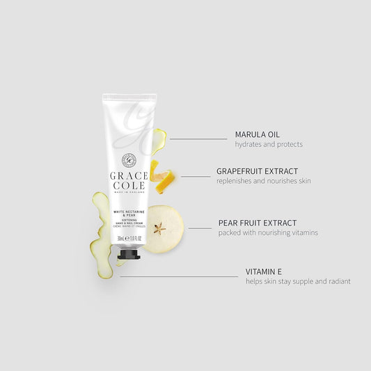 Grace Cole White Nectarine & Pear Moisturising Hand And Nail Cream 30Ml - Essential Oils - Vegan And Cruelty Free, No Sls Or Parabens - Made In England