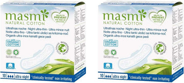 10 Masmi Ultra-Thin Organic Cotton Night Pads With Wings Individually Wrapped 100% Biodegradable, Perfume Viscose Rayon Chlorine Dioxin Free (2)