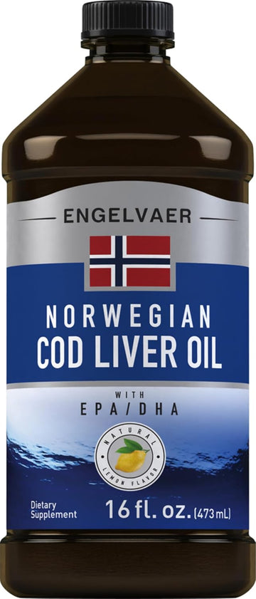 Piping Rock Cod Liver Oil Liquid | 16 fl oz | with EPA and DHA | Engelvaer Norwegian | Lemon Flavor | Non GMO, Gluten Free Supplement