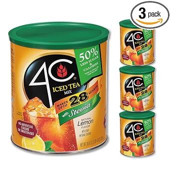 4C Reduced Sugar Powdered Drink Mix Canisters, Iced Tea, 28 Quarts, Family Sized Canister, Thirst Quenching & Refreshing Flavors (Lemon Iced Tea, 36.9 Ounce (Pack Of 3))