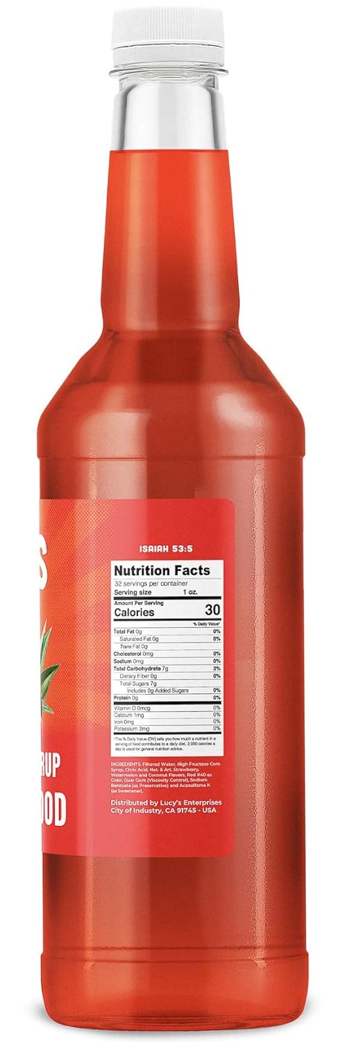 Lucy'S Family Owned - Shaved Ice Snow Cone Syrup - Tigers Blood - 32 Oz Syrup Bottle