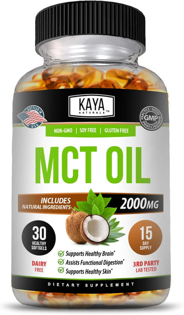 Kaya Naturals Mct Oil 2000Mg - Non-Gmo, Soy Free, Gluten Free - Supports Healthy Brain - Assists Functional Digestions & Supports Healthy Skin - 30Ct