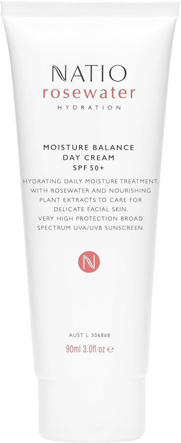 Natio Australia Rosewater Hydration Moisture Balance Day Cream Spf 50, 90 Ml - Face Sunscreen Moisturiser With Rose, Aloe - Sunscreen For Face