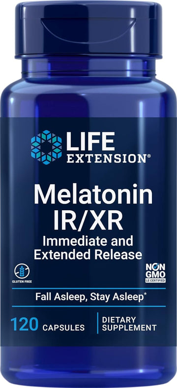 Life Extension Melatonin Ir/Xr 120 Capsules - Immediate & 7 Hour Extended-Release - Night Time Supplement - Supports Staying Asleep - Non-Gmo, Gluten-Free