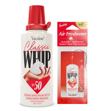 Vacation Classic Whip Spf 30 & Air Freshener Bundle, Whipped Sunscreen Mousse, Water-Resistant, Hydrating, "Lighter-Than-Air" Feel, Dermatologist-Tested, Vegan, 4 Oz