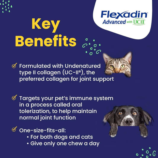 Vetoquinol Flexadin Advanced Dog Hip And Joint Supplement With Uc-Ii Collagen, One Chew A Day Hip And Joint Support Chew For Dogs And Cats, Clinically Proven Vet-Approved Formula, 30 Chews