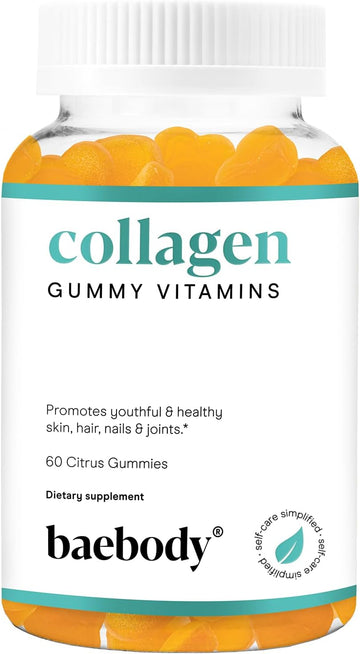 Baebody Collagen Gummies For Women, Protein Gummies For Men, Collagen Supplements For Women Gummies, Collagen Vitamins In Citrus Flavor (60 Count) Promotes Healthy Hair, Skin, Nails And Joints