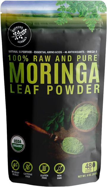 100% Raw And Pure Moringa Leaf Powder. Organic Certified Moringa Leaf. Natural Superfood With Essential Amino Acids, Antioxidants, And Omega 3, 8 Oz Resealable Bag