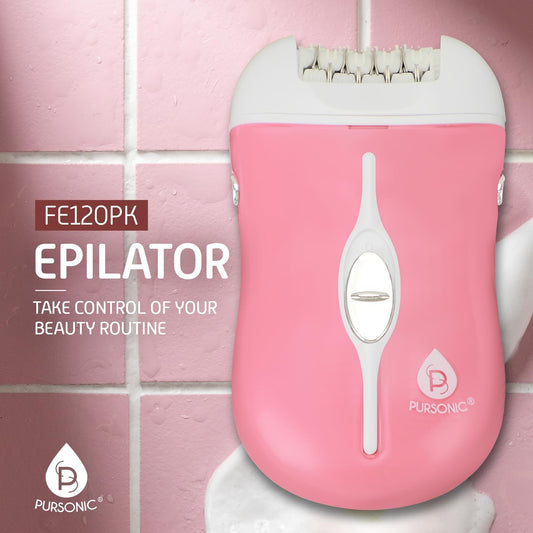 Pursonic Fe120P Cordless Epilator With 40 Tweezers - Rechargeable 2 Speed Epilators Hair Removal For Women - Compact Hair Removal Device For Arms, Legs, Underarms & Bikini Area (Pink)