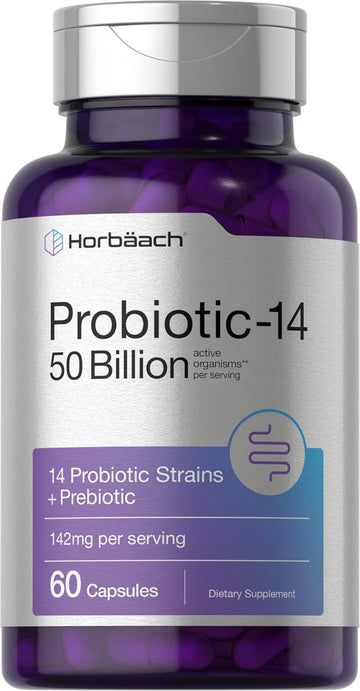 Horbäach Probiotics With Prebiotics | 60 Capsules | 50 Billion Active Organisms | Non-Gmo & Gluten Free Supplement