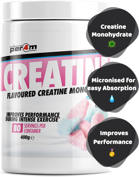 Per4M Creatine Powder | 80 Servings Of Micronised Creatine Monohydrate | Performance & Strength | 8 Flavours (400G, Fizzy Bubblegum Bottles)