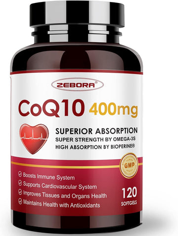 Coq10-400Mg-Softgels With Pqq, Bioperine & Omega-3, Coenzyme Q10(Ubiquinone) Supplement For High-Absorption, Powerful-Antioxidant, Support Heart & Energy-Production, 120 Servings