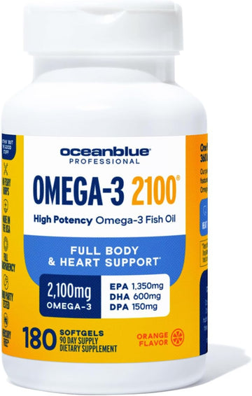 Oceanblue Professional Omega-3 2100 – 180 Ct – Triple Strength Burpless Fish Oil Supplement With High-Potency Epa, Dha, Dpa – Wild-Caught – Orange Flavor (90 Servings)