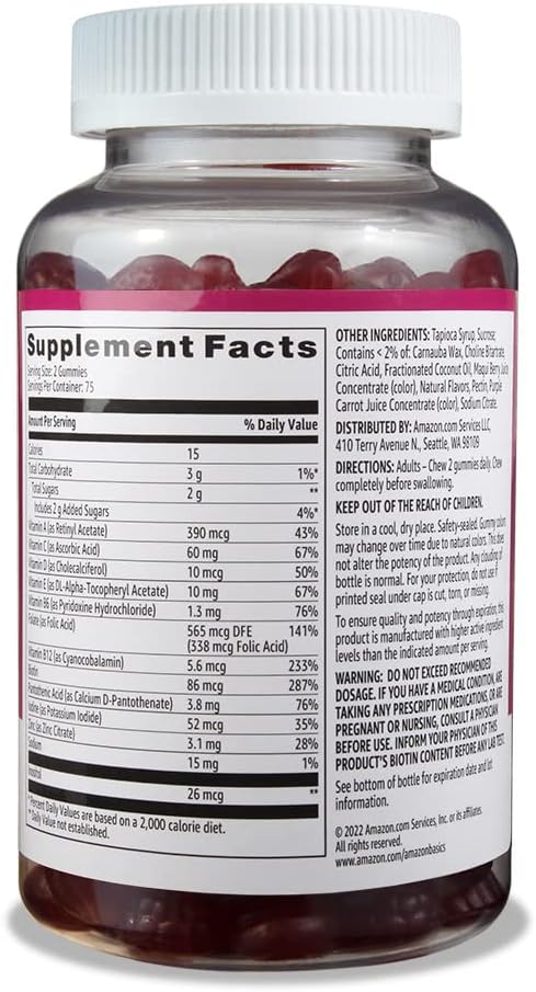 Amazon Basics Adult Multivitamin, 150 Gummies, 75-Day Supply, Mixed Berry & Cherry (Previously Solimo)