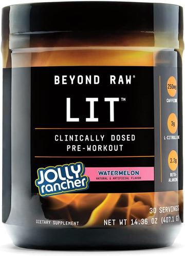 Beyond Raw Lit | Clinically Dosed Pre-Workout Powder | Contains Caffeine, L-Citrulline, And Beta-Alanine, Nitric Oxide And Preworkout Supplement | Jolly Rancher Watermelon | 30 Servings