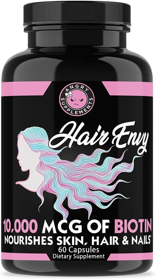 Angry Supplements Hair Envy 10,000 Mcg Biotin + Keratin Capsules, Grow Hydrate Hair, Strengthen Thicken Nails, Clear Skin – Natural Remedy For Damaged Thinning Hair, (1-Bottle, 60Ct)