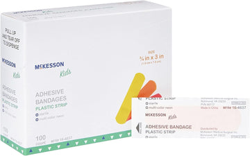 McKesson Kids Adhesive Bandages, Sterile, Plastic Strip, Neon, 3/4 in x 3 in, 100 Count, 24 Packs, 2400 Total