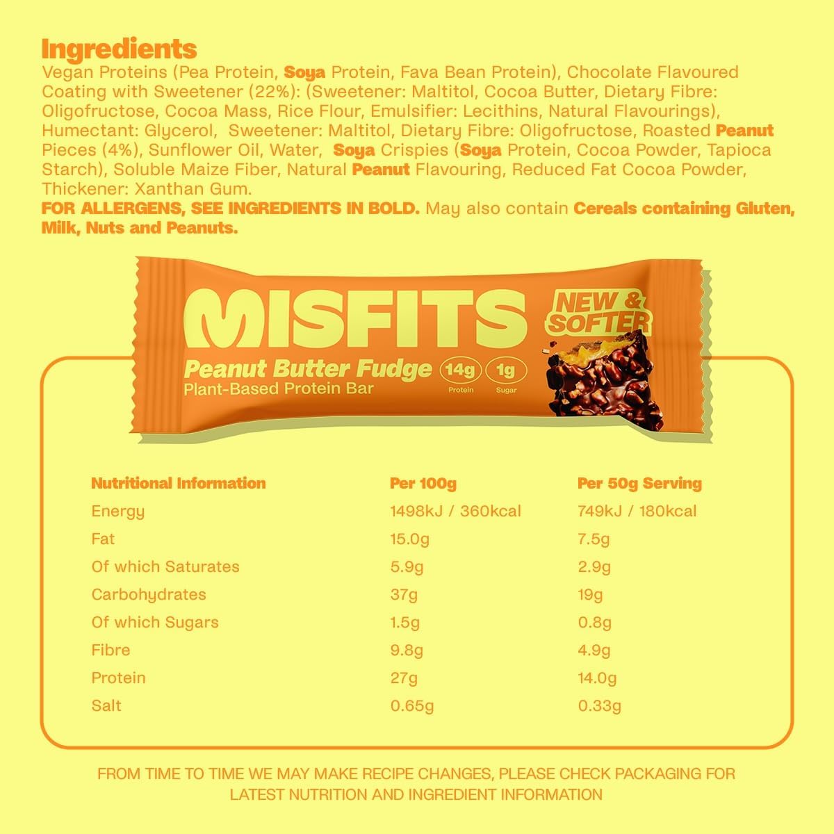 Misfits Vegan Protein Bar, Peanut Butter Fudge, Plant Based Low Sugar, High Protein Snacks with 15g Protein Per Bar, Low Carb, 1g Sugar, High Fibre, Healthy Snack, 15 x 50g bars (vegan) : Amazon.co.uk: Health & Personal Care