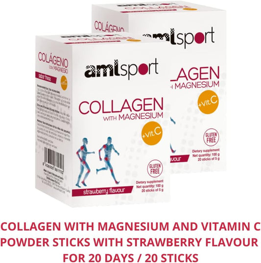 Ana Mar¡A Lajusticia Aml Sport - Collagen With Magnesium With Vitamin C Sticks - Strawberry Flavour - Travel Pack -20 Sticks. Hydrolized Collagen. Dairy, Gluten And Sugar Free