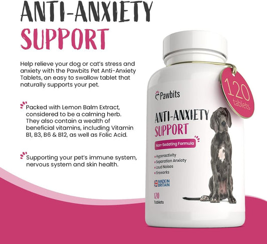 Pawbits 120 Dog Anxiety Tablets Calming Supplement For Anxious & Hyperactive Dogs Calms Relaxes & Non-Sedative Dog Calming Tablets Fireworks, Behavioural Issues, Travel & Vet Visits Natural Calm Aid