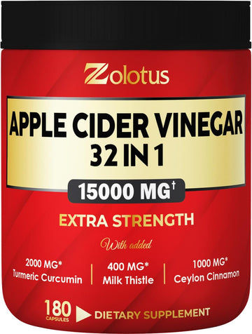 Zolotus 32In1 Apple Cider Vinegar Capsules, Equivalent To 15000Mg With Turmeric, Cinnamon, Milk Thistle, Elderberry, Quercetin & More - Best Supplement For Digestion, Immune - 180 Capsules
