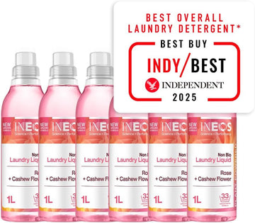 Ineos Next-Gen Non Bio Laundry Washing Liquid Detergent, 198 Washes (6 X 1L), High Performance Stain Remover For Clothes, Plant Powered, For Sensitive Skin, Rose + Cashew Flower, Packaging May Vary