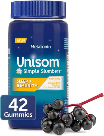 Unisom Simple Slumbers Sleep + Immunity Gummies, 42-Count, Melatonin 5Mg, Elderberry