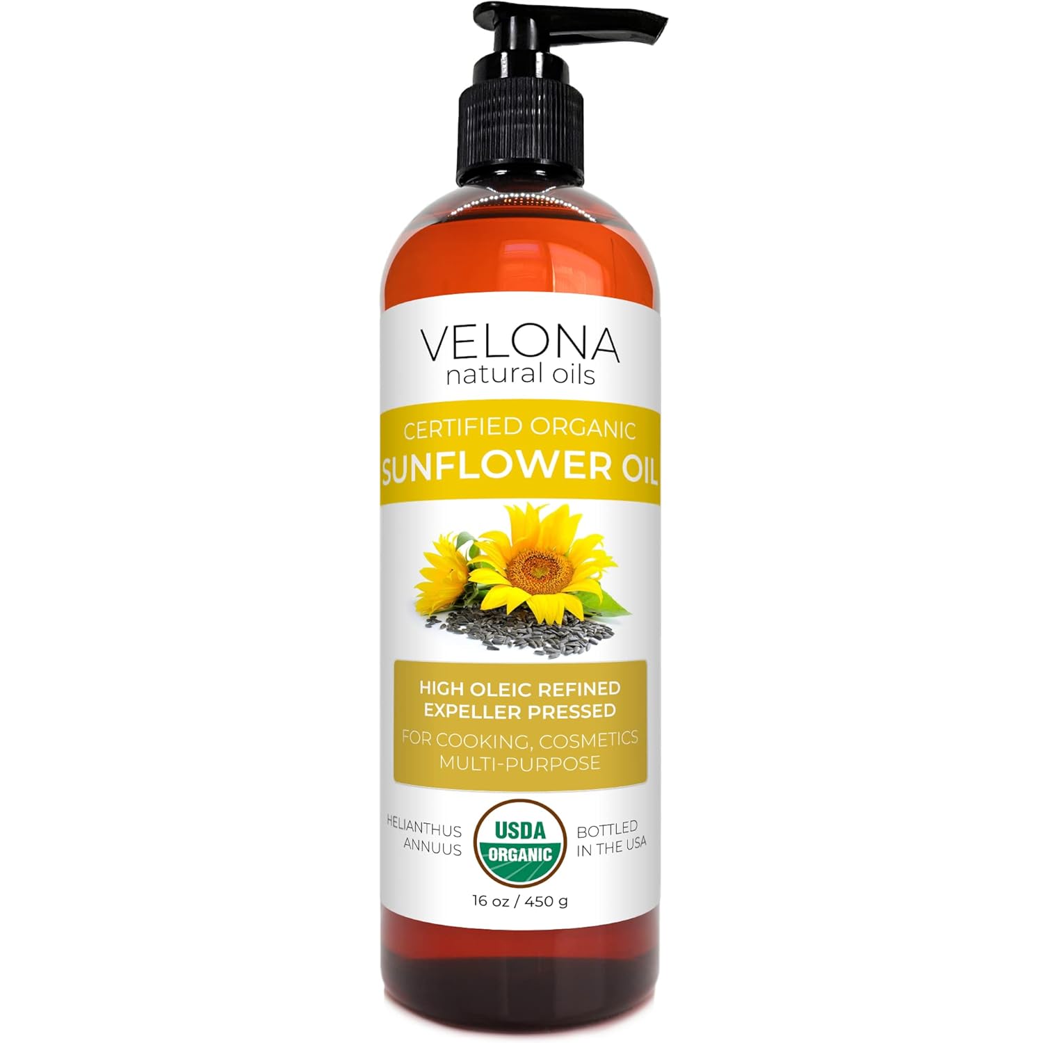 velona USDA Certified Organic Sunflower Oil - 16 oz | 100% Pure and Natural Carrier Oil | High Oleic, Refined, Cold Pressed | Cooking, Skin, Hair, Body & Face Moisturizing : Beauty & Personal Care