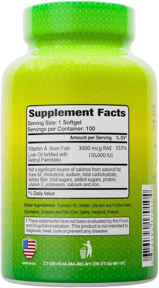Alfa Vitamins - Vitamin A - Fish Liver Oil 10,000 Iu - Daily Dietary Supplement Helps Supports Vision, Skin And Immune System - 100 Softgels