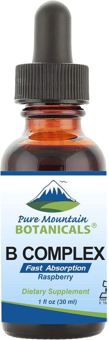 Pure Mountain Botanicals Liquid Vitamin B Complex - Raspberry Flavor Kosher B Complex Vitamin With B12, B6, Thiamin, Biotin, Niacin - 1Oz Bottle