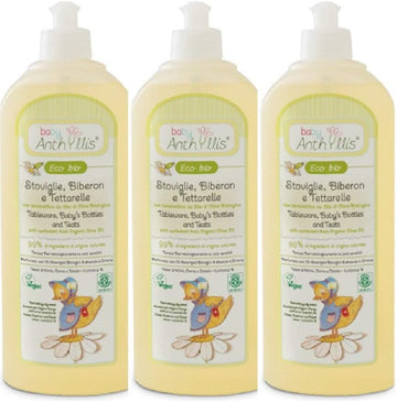 Anthyllis Baby Bottle, Teat, Plate Wash, Certified Organic Vegan, Dermatology Tested, Scented With Organic Orange And Lemon Essential Oils (3 Bottle Pack)