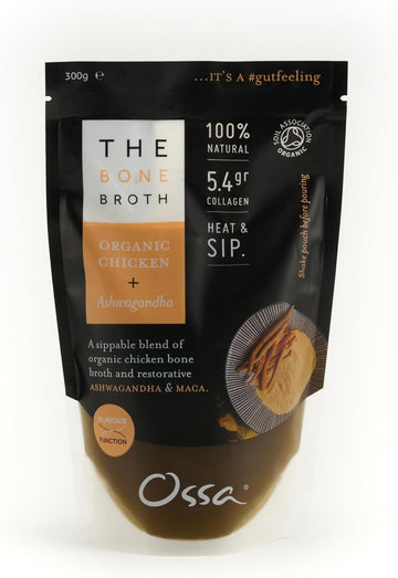 Ossa Organic Chicken Bone Broth With Ashwagandha – High-Protein, Gut-Healthy Superfood For Immunity & Stress Relief | Keto, Paleo, & Low-Carb Friendly | 300G – Frozen Ready-To-Heat Pouch