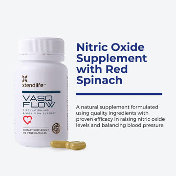 Xtendlife Vasqflow Natural Nitric Oxide Booster Supplement - Circulation & Blood Flow Support With Red Spinach Extract & Aged Garlic - Energy, Heart Health, Muscle Support - 1 Month Supply (90 Count)
