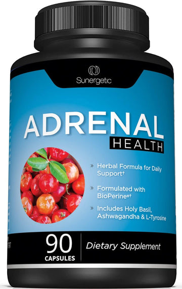 Premium Adrenal Support Supplement - Adrenal Formula For Energy, Adrenal Health & Mood  Adrenal Complex Includes Ashwagandha, L-Tyrosine, Holy Basil & Acerola 90 Capsules