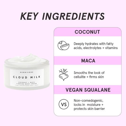 Herbivore Cloud Milk Coconut + Maca Fast-Absorbing Moisturizing & Firming Body Cream | Smooths The Look Of Cellulite + Firms Skin | Plant-Based, Vegan, Cruelty-Free, 195 Ml / 6.6 Oz