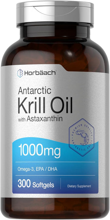 Horbäach Antarctic Krill Oil 1000mg | 300 Softgel Capsules | Omega 3, EPA, DHA Supplement | with Astaxanthin | Value Size | Non-GMO, Gluten Free