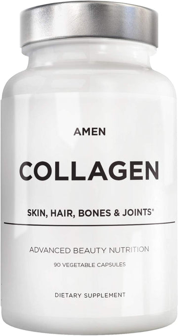 Amen Multi Collagen Peptides Capsules With Hyaluronic Acid And Vitamin C - 5 Types Of Collagen Protein Type I, Ii, Iii, V, X - Grass Fed Hydrolyzed - 18 Amino Acids - Collagen Supplement - 90 Pills
