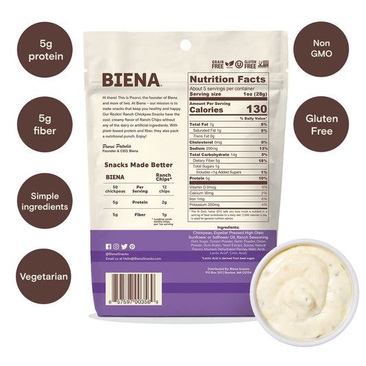 Biena Crispy Roasted Chickpea Snacks, Rockinâ Ranch, High Protein Snacks, High Fiber Snacks, Gluten Free, Plant-Based, Non-Gmo, Healthy Snacks For Adults And Kids, 8-Pack 5 Ounce Bags