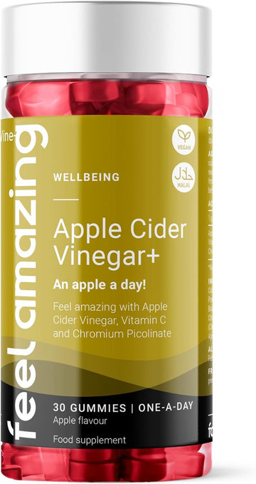 Generic Feel Amazing Apple Cider Vinegar Gummies - 30-Day Vegan, Halal Gummies With Vitamin C & Chromium - Natural Apple Flavour (1)