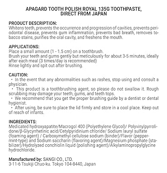 Apagard Tooth Polish Royal 135G Toothpaste, Direct From Japan