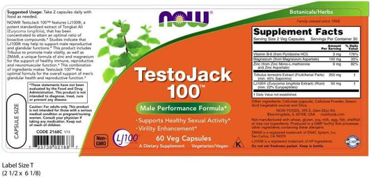 Now Supplements, Testojack 100 With Lj100, A Potent Standardized Extract Of Tongkat Ali (Eurycoma Longifolia), Tribulus And Zma, 60 Veg Capsules