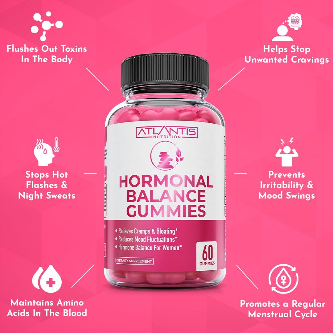 Atlantis Nutrition Hormonal Balance For Women & Pms Relief Gummies - Alleviates Cramps, Bloating, Mood Swings, Hot Flashes & Night Sweats - Cranberry, Dong Quai & Chasteberry Menstrual Cramp Relief : Health & Household